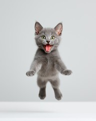 Silver-blue kitten shows agility while mid-somersault, paws in the air and eyes sparkling. A playful expression and light reflections highlight this whimsical moment