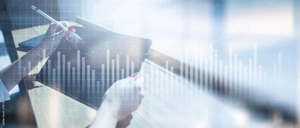 Poster data visualization and analytics insights on a wide banner, business and technology concept.