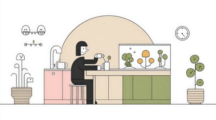 Cozy Minimalist Kitchen Scene with Person Watering Plants and Decorative Greenery Elements