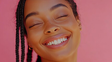 A smiling woman with braided hair poses against a soft pink background.