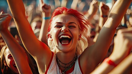 A lively group of enthusiastic fans celebrate in a stadium, wearing red and white attire.