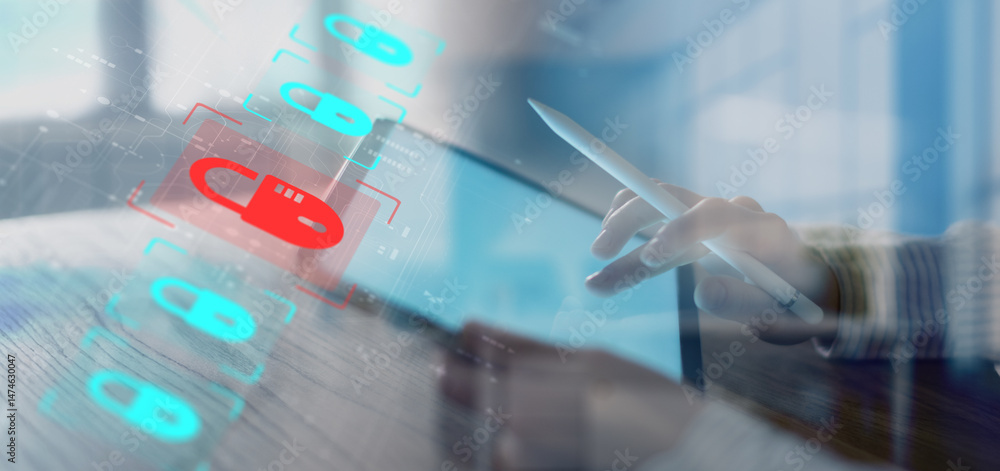 Aufkleber cybersecurity threat detection and data protection visualization on digital tablet.