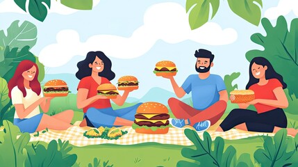 A group of five friends enjoys a sunny day outdoors, sitting on a rock with scenic surroundings.