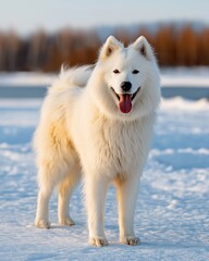 Fototapeta premium Samoyed dog showcases its cloud-like white double coat against a backdrop of glistening snow, illuminated by soft golden sunlight for a magical winter atmosphere