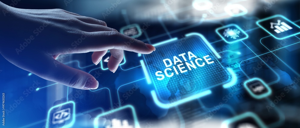 Poster data science analyzing and interpreting complex data, projection on a virtual screen, business and t