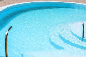 Empty swimming pool with blue water and stair on shape curve on Summer season