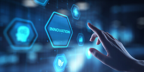 Innovation Driving Business Growth and Technological Advancement, projection on a virtual screen,...