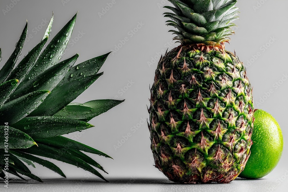 Poster fresh pineapple and lime surrounded by tropical greenery on a textured surface in bright light