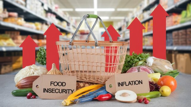 Due to concern rising concept. A shopping basket surrounded by food items and signs of inflation and food insecurity.