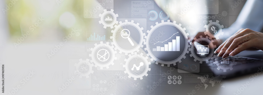 Poster business process automation and data analytics for enhanced productivity on a wide banner, business 