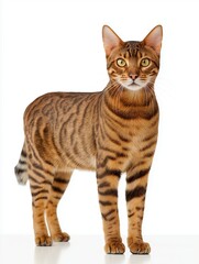 Obraz premium This striking Toyger cat displays a vibrant orange and black striped coat, standing confidently on a clean white background
