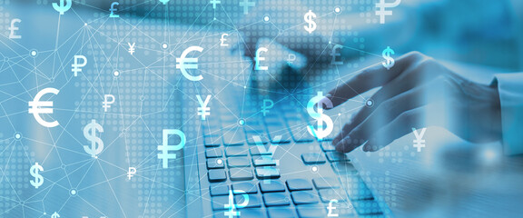 Global Currency Symbols Network Interface on Digital Tablet in Financial Technology Environment.