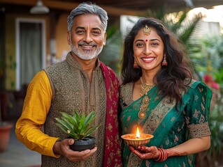 Man and woman dressed in traditional Indian attire. Generative AI