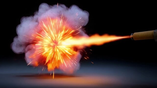 Gun muzzle flash with bright orange fire, smoke, and explosion from weapon creating intense fiery