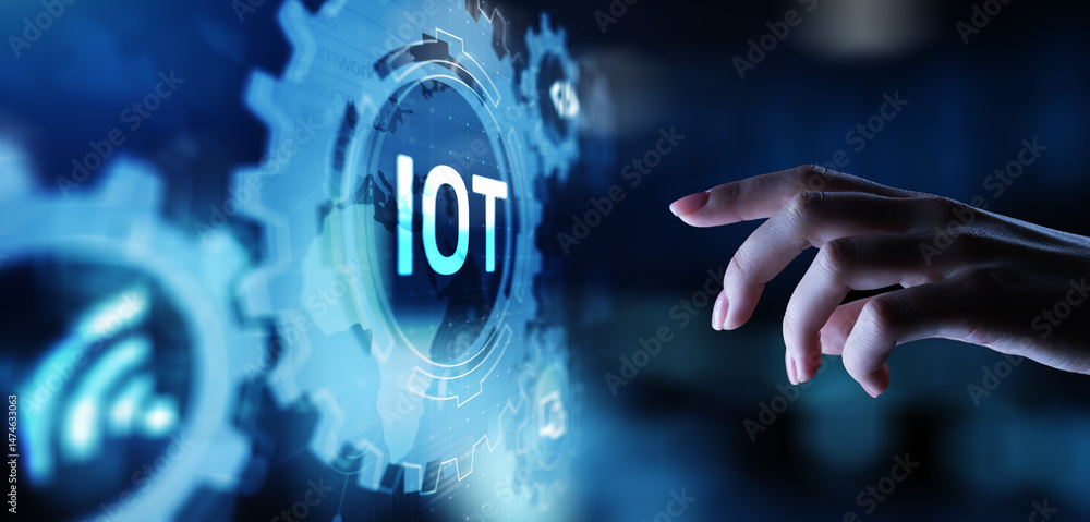 Poster iot internet of things digital transformation modern technology concept on virtual screen.