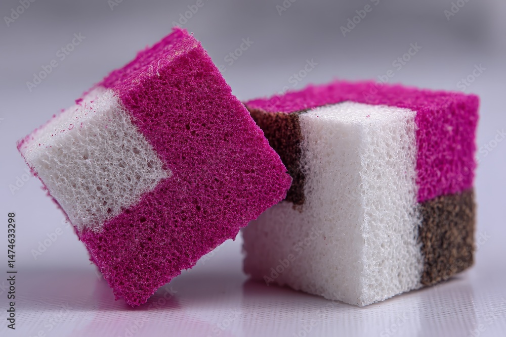Poster colorful sponge cubes placed on a smooth surface showcasing unique patterns and textures at a close 
