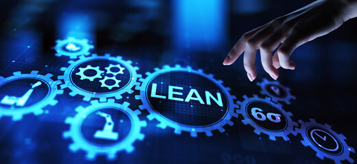 Lean, Six sigma, quality control and manufacturing process management concept on virtual screen.