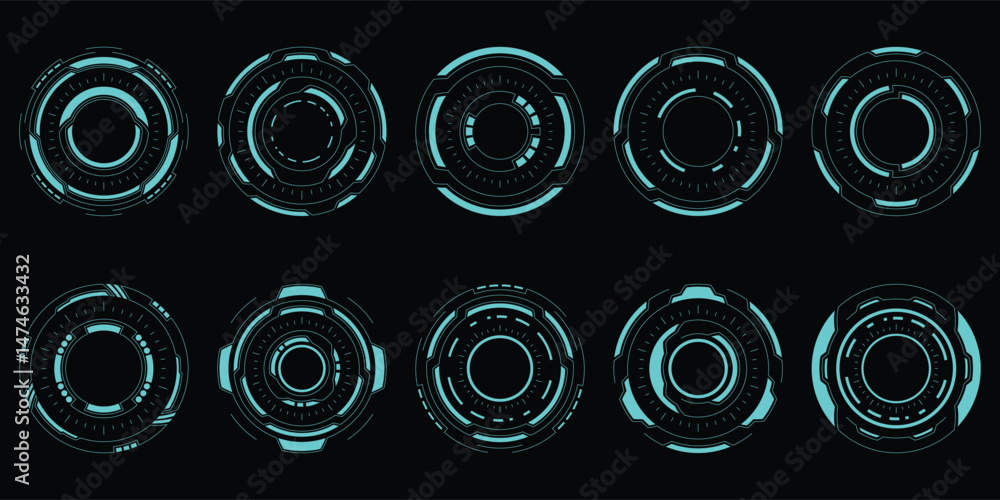 Poster sci-fi futuristic circle hud dashboard display virtual reality technology screen. user interface set