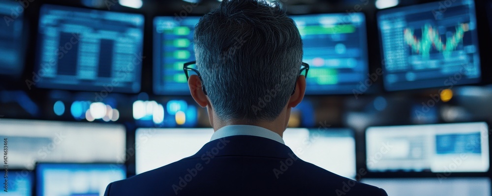 Poster man analytics data on screens