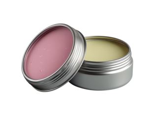 Lip balm tin container with pink and beige balm inside on a white isolated background.