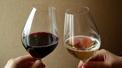 Two hands clink glasses of white wine in a toast against a scenic backdrop of rolling hills and a bright sky.