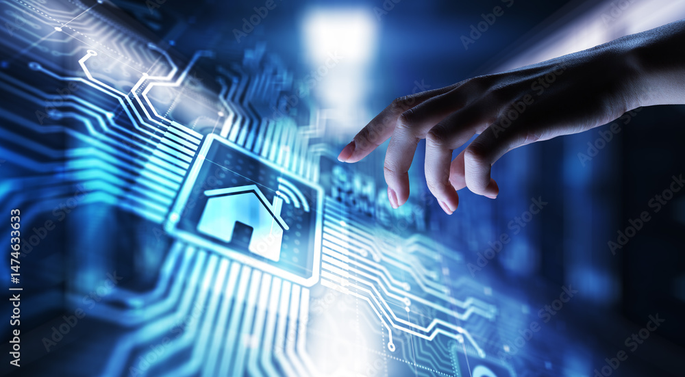 Poster smart home control panel on virtual screen. iot and automation technology concept.