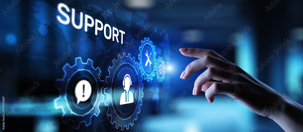 Aufkleber Support button on virtual screen. Customer service and communication concept.