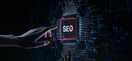 SEO Search Engine Optimization Enhancing Online Visibility Illustrated on a Processor Touched by a Human Hand.