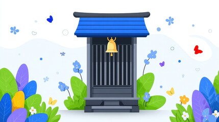 Tranquil Garden Scene Featuring Bell Shrine Surrounded by Colorful Flowers and Butterflies