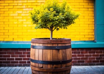 Naklejka premium Urban Chic: Tree in Wooden Barrel Against Gray Wall - Stock Photo
