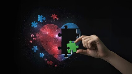 A man tries to put together a puzzle of the heart. The concept of the complexity of feelings and the difficulty of choice. Autism awareness, symbol of unity and love, support and understanding  - Powered by Adobe