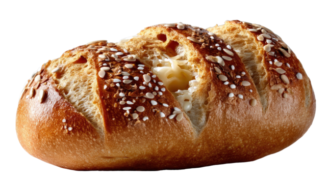 Artisan Bread: A close-up view showcases the intricate details and rustic charm of freshly baked artisan bread, boasting a golden-brown crust speckled with seeds.