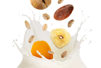 Milk splash with oat flakes and dried fruits in air on white background. Healthy breakfast
