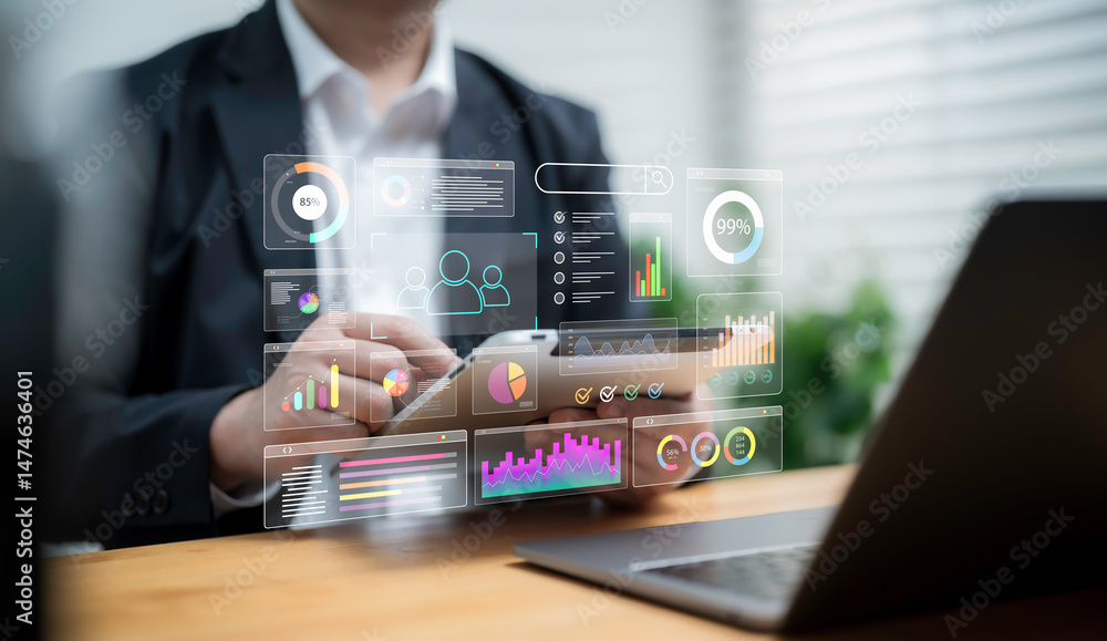 Poster digital business analytics dashboard on tablet