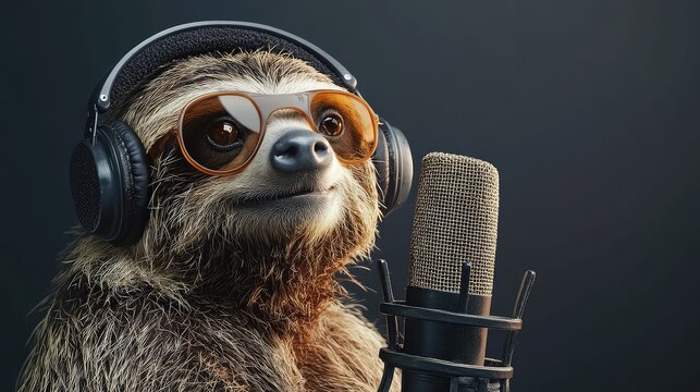 A laid-back sloth sports commentator with oversized earphones, speaking into a vintage microphone while offering a relaxed commentary.