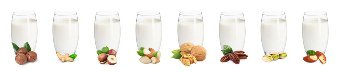 Different types of nut milk in glasses isolated on white, set