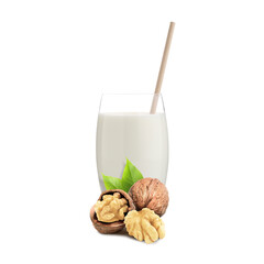 Nut milk in glass and walnuts isolated on white