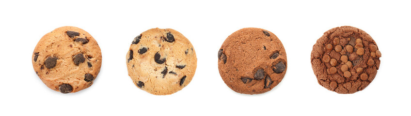Yummy chocolate chip cookies isolated on white, set