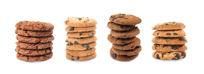 Yummy chocolate chip cookies isolated on white, collage