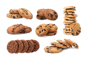 Yummy chocolate chip cookies isolated on white, collage