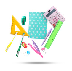 Pens and other different stationery in air on white background