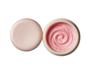 Open pink lip balm container, elegant swirl design, white isolated background