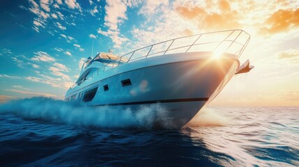 A luxury yacht cruising at high speed on a calm
