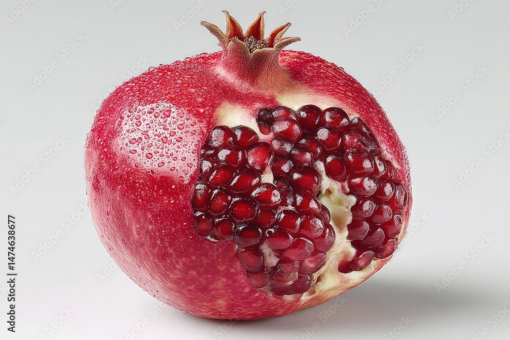 Poster fresh pomegranate with droplets showcasing juicy seeds and vibrant color in studio setting