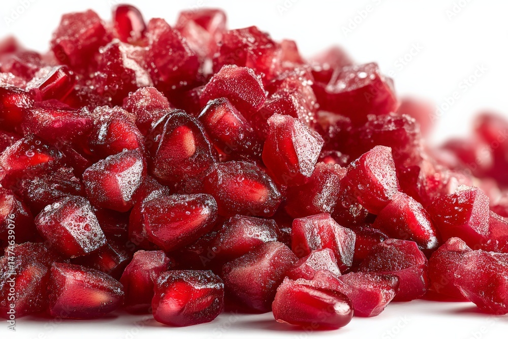 Poster bright red pomegranate seeds arranged in an artistic manner on a white background showcasing their v