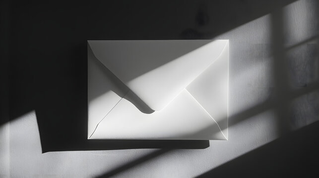 Envelope in Sunbeam: A simple white envelope rests in a beam of sunlight, casting a geometric pattern of light and shadow on a smooth surface.