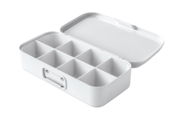 Pill organizer with eight compartments, white isolate background.