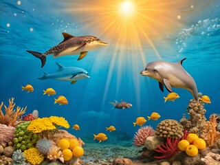 Vibrant Coral Reef Scene: Exotic Fish, Dolphins, Bokeh Effect - Underwater Paradise Stock Photo