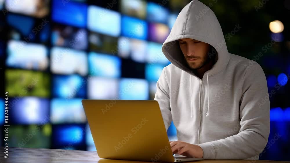 Aufkleber man in hoodie working on laptop with digital screen technology showing multiple blurred images