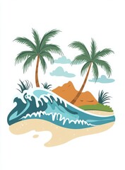Tropical Island Scene Blue Ocean Wave Crashing on Sandy Shore with Lush Palm Trees and Orange Hills